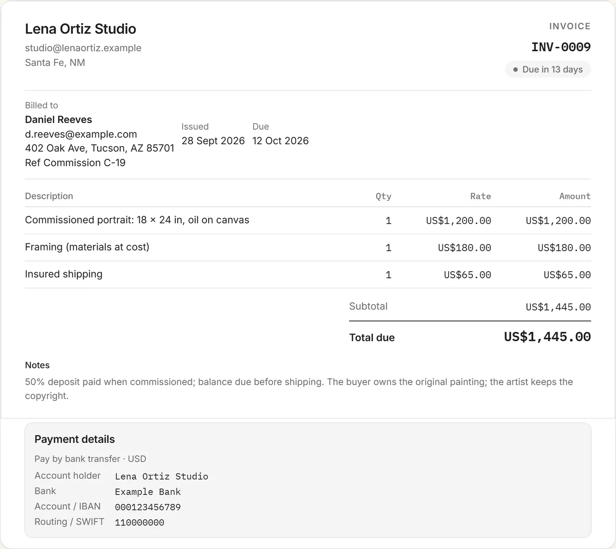 artist invoice template example: invoice INV-0009 from Lena Ortiz Studio to Daniel Reeves for a commissioned oil portrait, framing and insured shipping