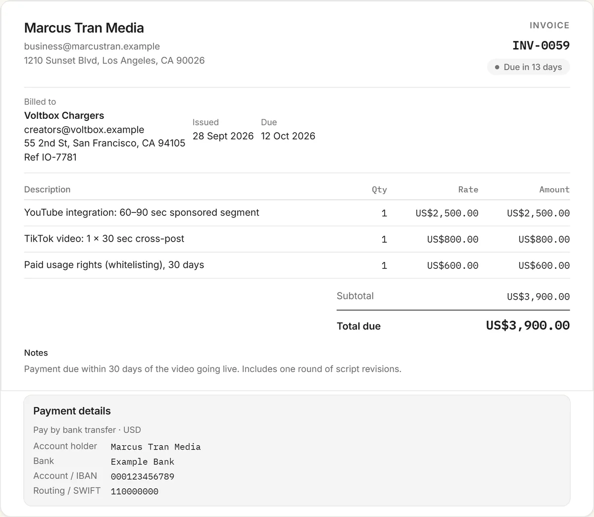 content creator invoice template example: invoice INV-0059 from Marcus Tran Media to Voltbox Chargers for a YouTube integration, a TikTok cross-post and 30 days of paid usage