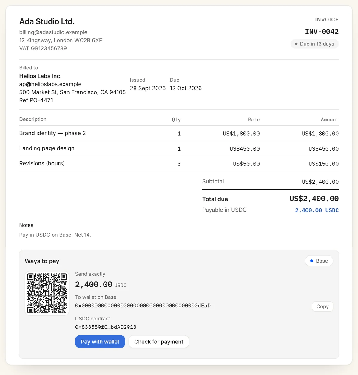 crypto invoice example: US$2,400.00 invoice payable as 2,400.00 USDC on Base, with a payment QR code, wallet address, Pay with wallet and Check for payment buttons