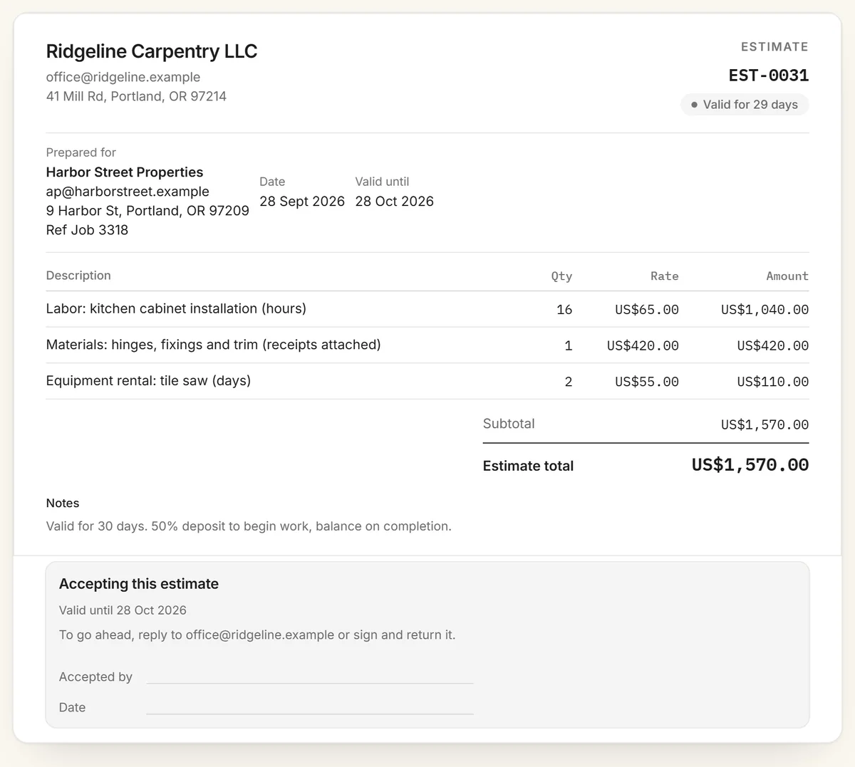estimate generator example: estimate EST-0031 from Ridgeline Carpentry LLC to Harbor Street Properties with labor, materials and equipment lines totalling US$1,570.00, valid for 30 days, with an acceptance signature line