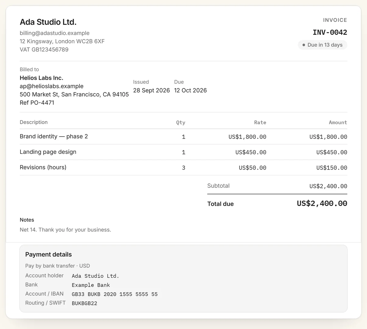 free invoice generator example: invoice INV-0042 from Ada Studio Ltd. to Helios Labs Inc., three line items totalling US$2,400.00, with bank transfer details