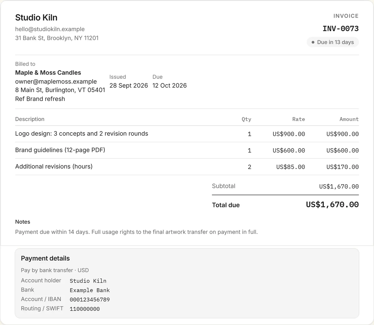 graphic design invoice template example: invoice INV-0073 from Studio Kiln to Maple & Moss Candles for logo design, brand guidelines and additional revisions