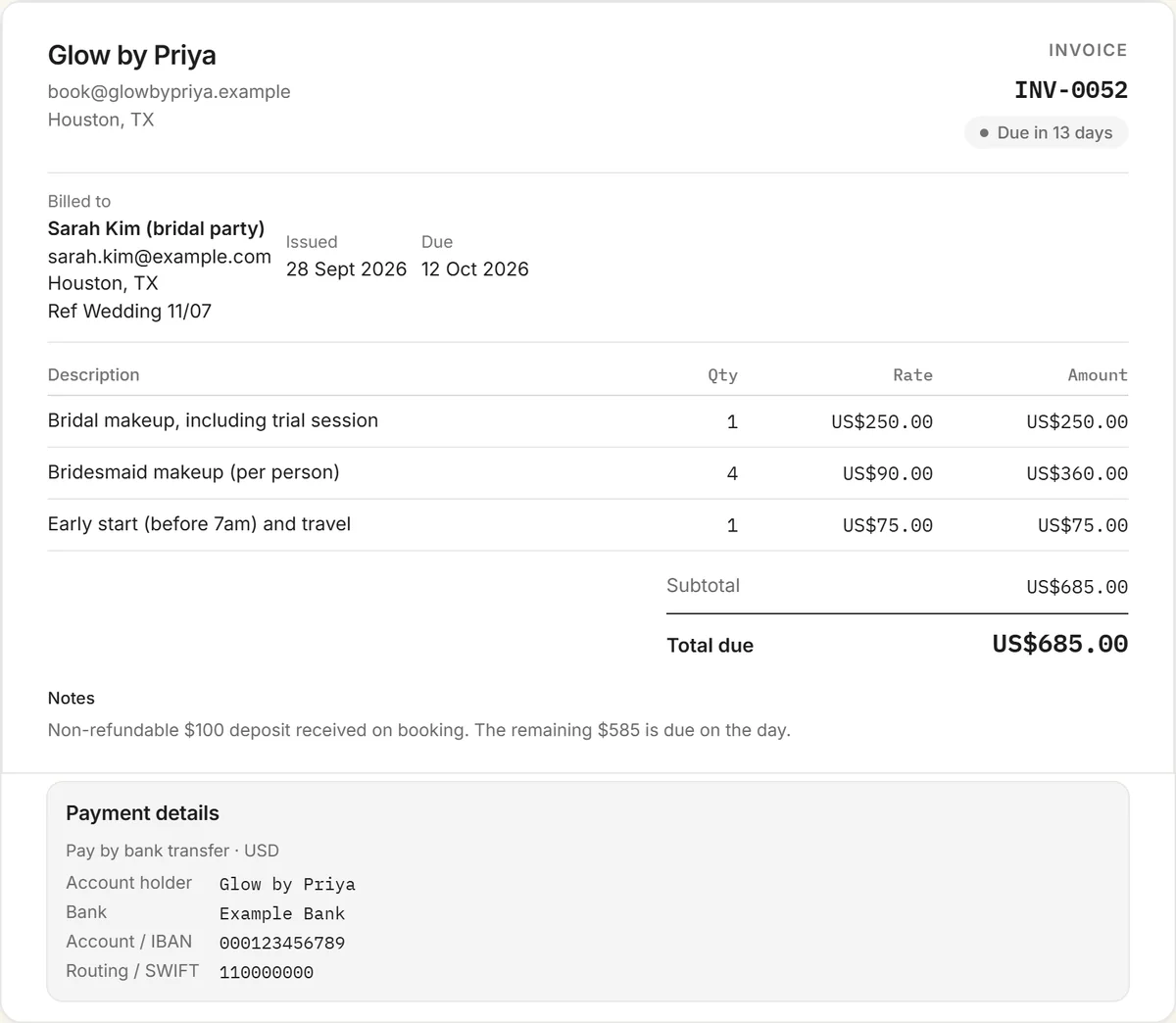 makeup artist invoice template example: invoice INV-0052 from Glow by Priya to Sarah Kim's bridal party for bridal makeup with trial, four bridesmaids and an early start and travel fee