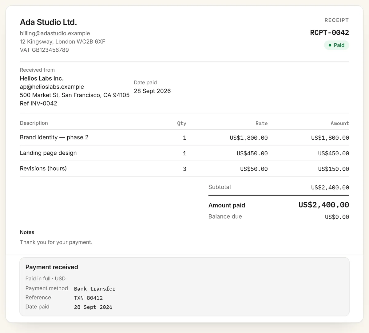 receipt generator example: receipt RCPT-0042 from Ada Studio Ltd. to Helios Labs Inc., marked paid, three items totalling US$2,400.00 paid by bank transfer