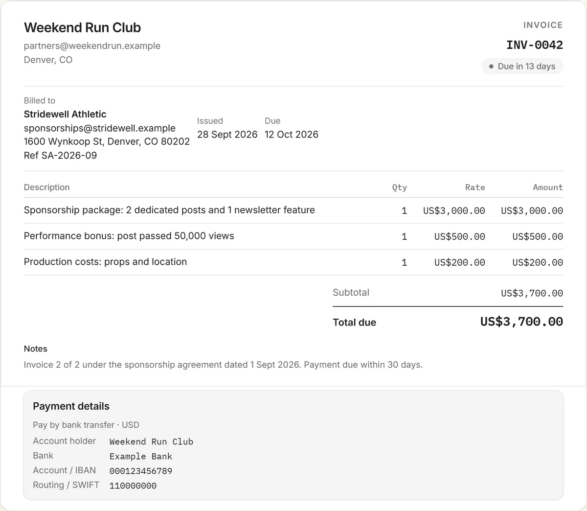sponsorship invoice template example: invoice INV-0042 from Weekend Run Club to Stridewell Athletic for a sponsorship package, a performance bonus and production costs