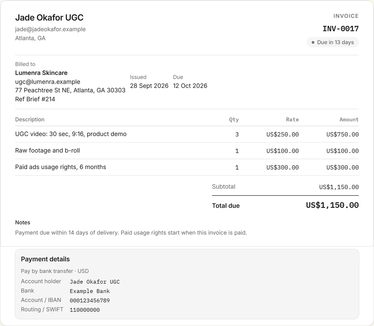 UGC invoice template example: invoice INV-0017 from Jade Okafor UGC to Lumenra Skincare for three UGC videos, raw footage and six months of paid ads usage