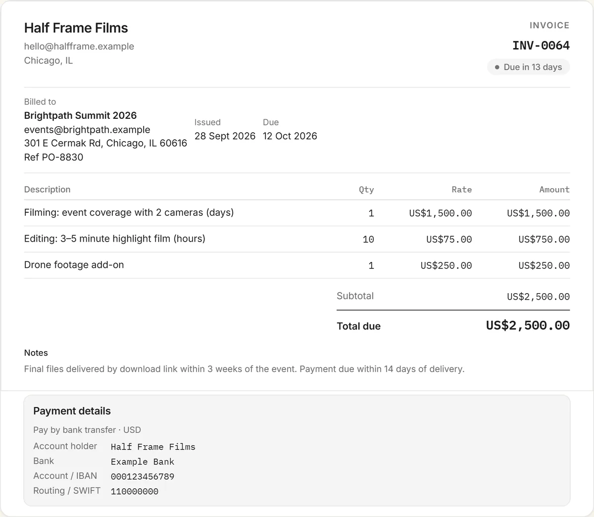 videographer invoice template example: invoice INV-0064 from Half Frame Films to Brightpath Summit 2026 for a filming day, ten editing hours and drone footage
