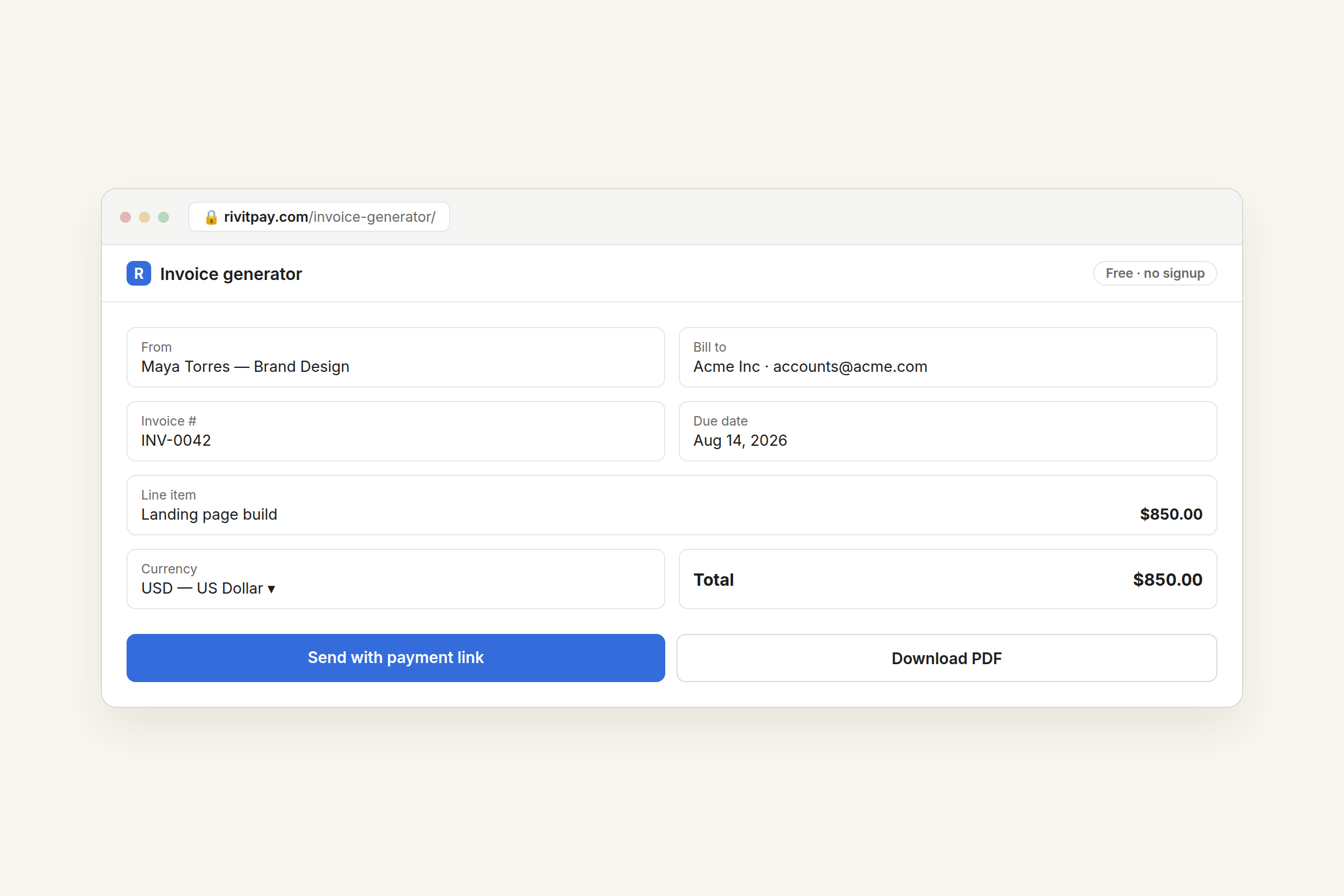 RivitPay free invoice generator — no signup required