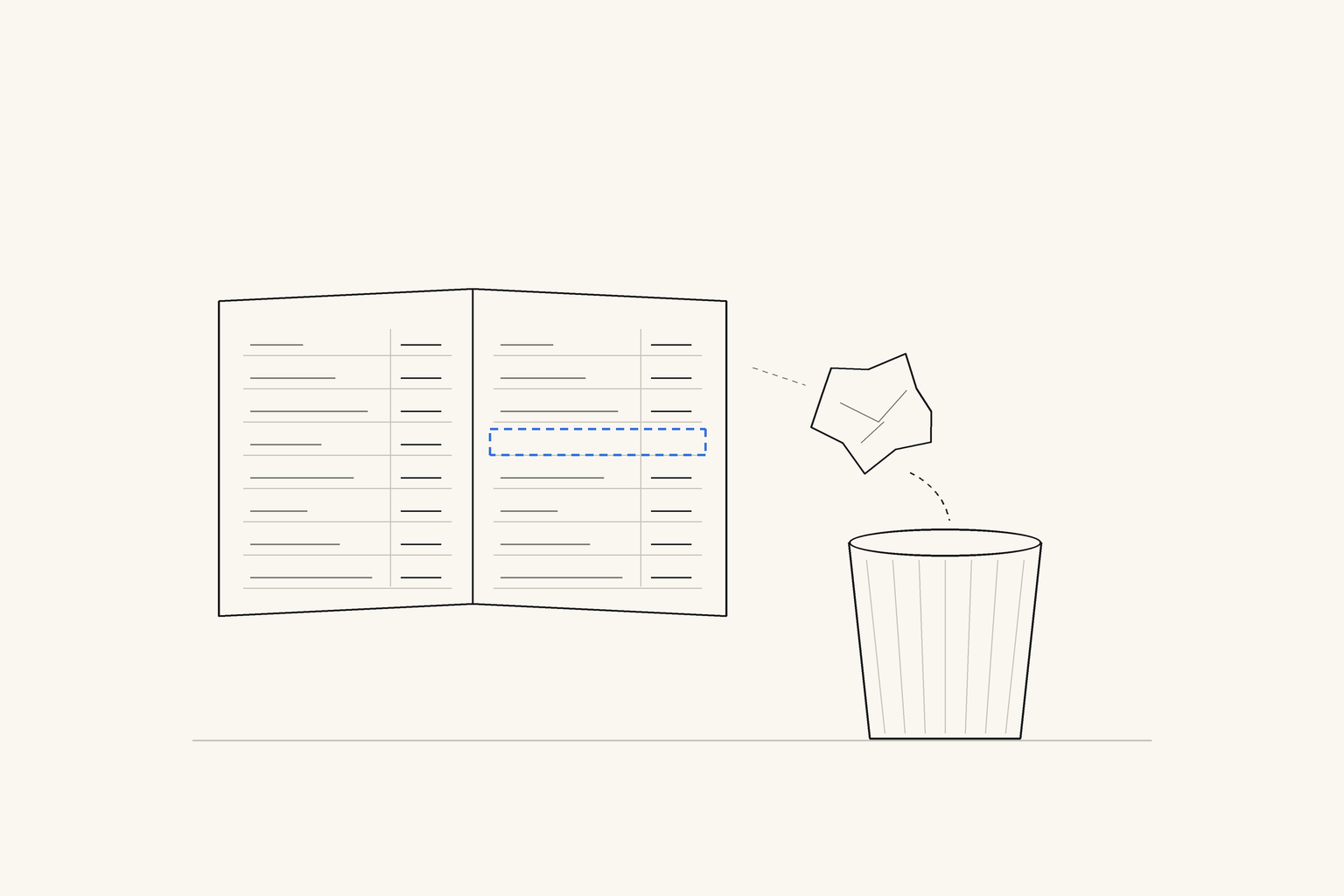 An open ledger with one row left empty and outlined in blue, beside a crumpled sheet of paper falling into a wastepaper basket