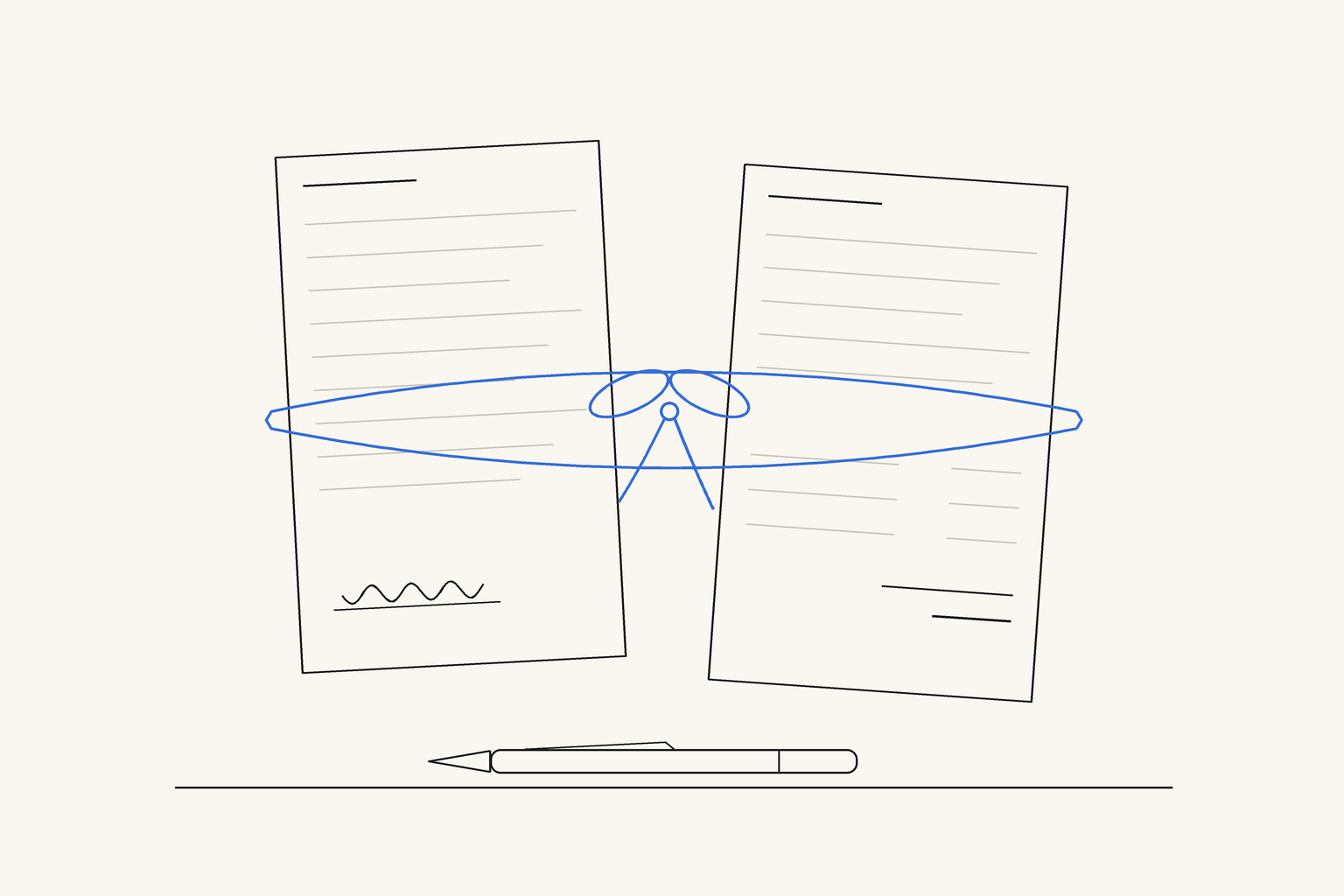 Two sheets of paper side by side, a contract with a signature line and an invoice, joined by a single blue thread tied around both, with a pen resting below
