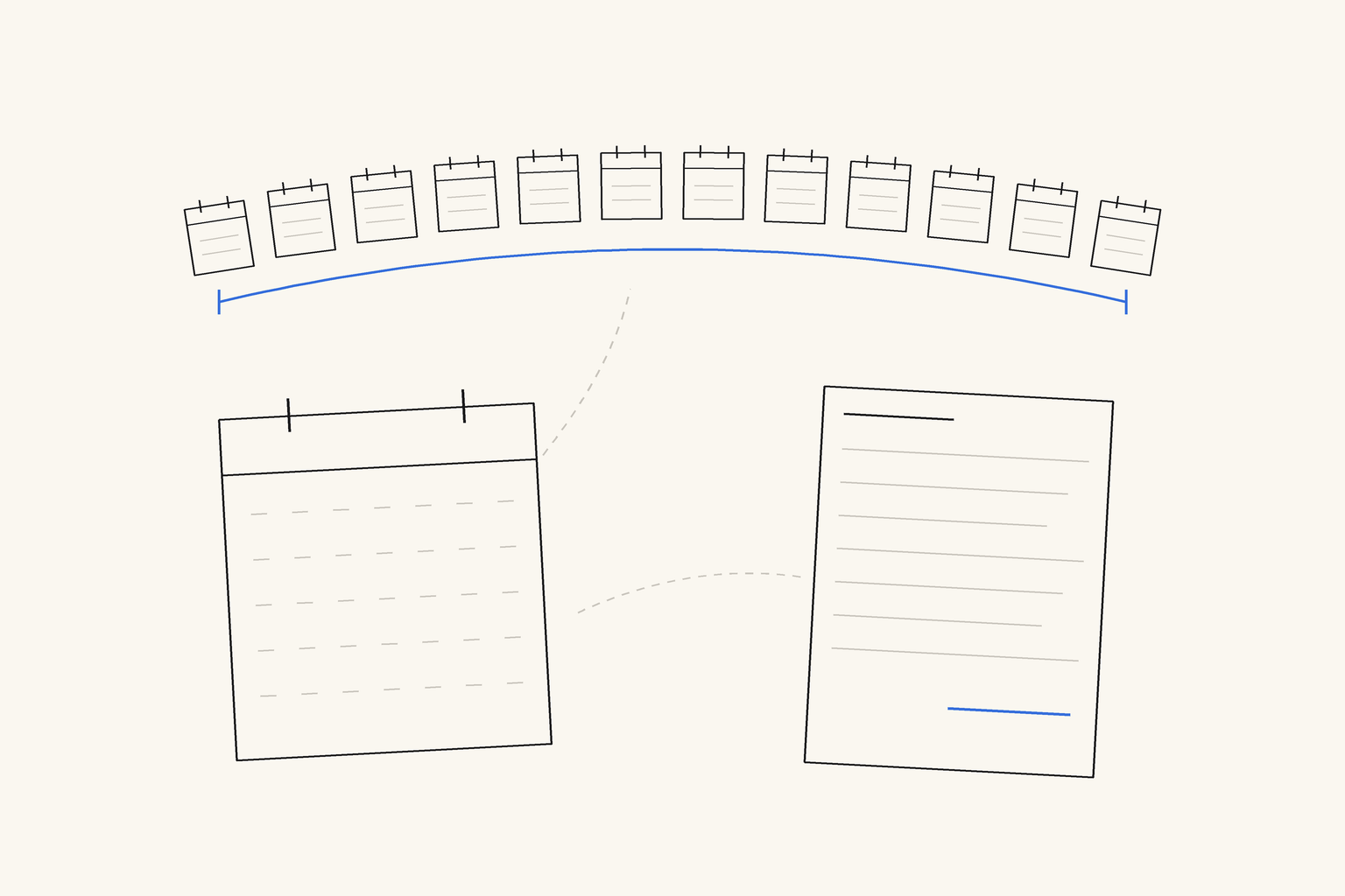 Twelve small calendar pages along an arc with a thin blue bracket under them, above a single large monthly calendar page and an invoice whose last line is drawn in blue