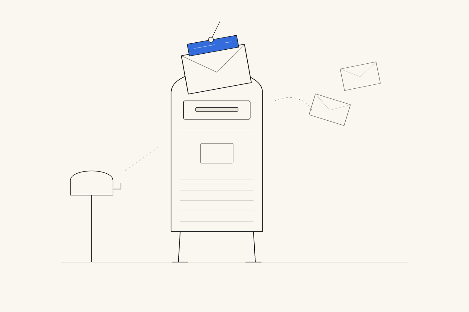 A curbside mail collection box with a fishing line pulling an envelope up out of its slot, a blue check peeking from the envelope, and two more envelopes drifting away