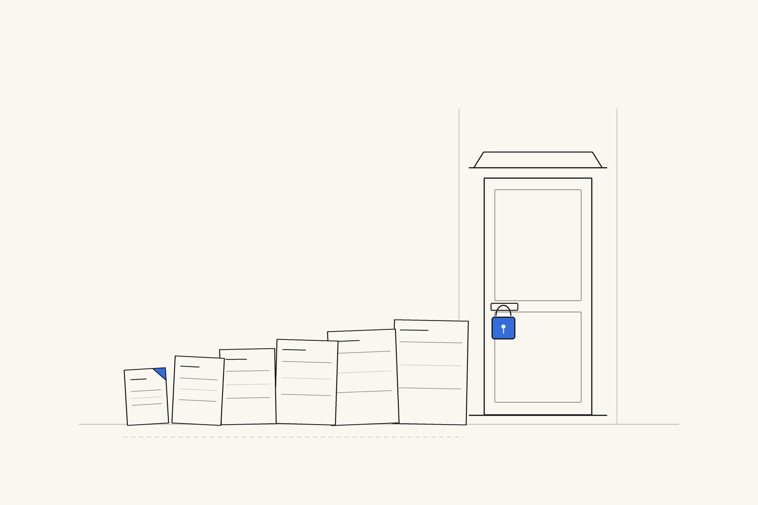 A closed office door with a padlock, and a line of invoices standing on edge, queued up in front of it, the last and smallest one with a blue corner