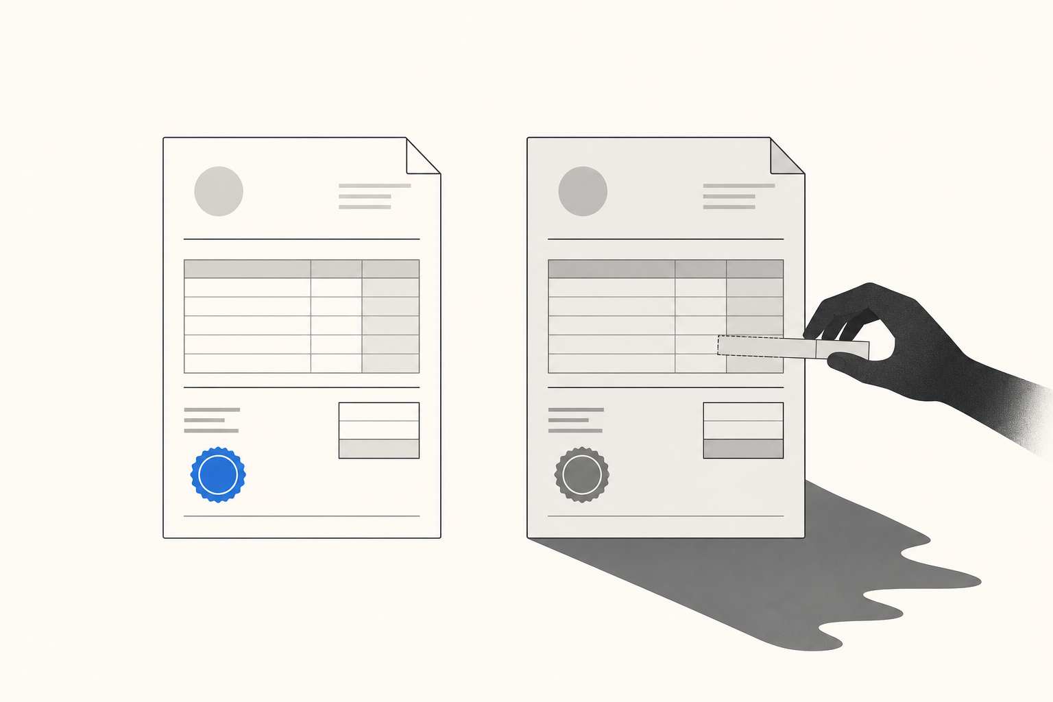 A genuine invoice with a secure pay button next to a forged copy with tampered bank details
