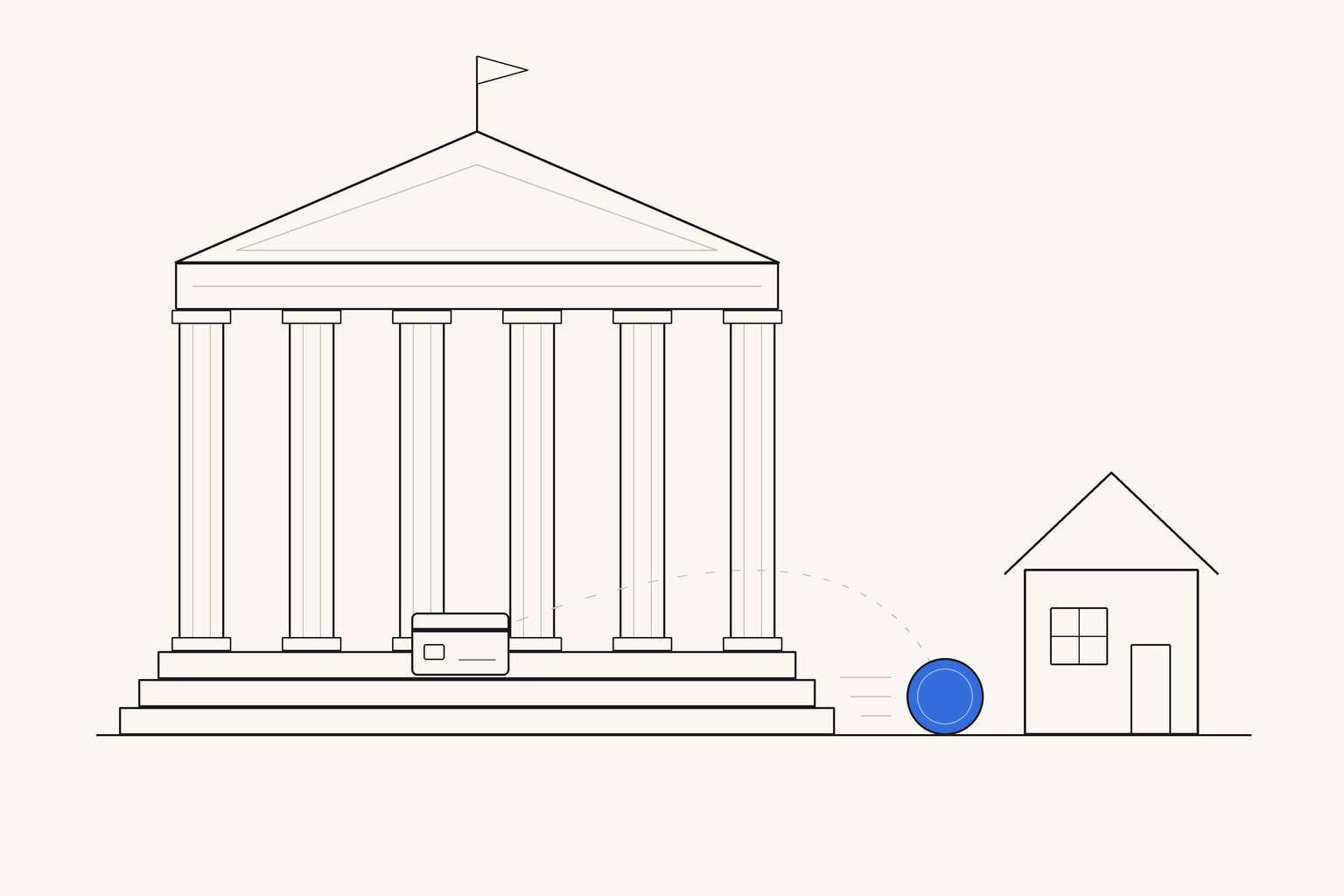 A classical government building with columns drawn in fine ink, a small payment card on the steps in front of it, and a single blue coin that has rolled off the steps toward a small house