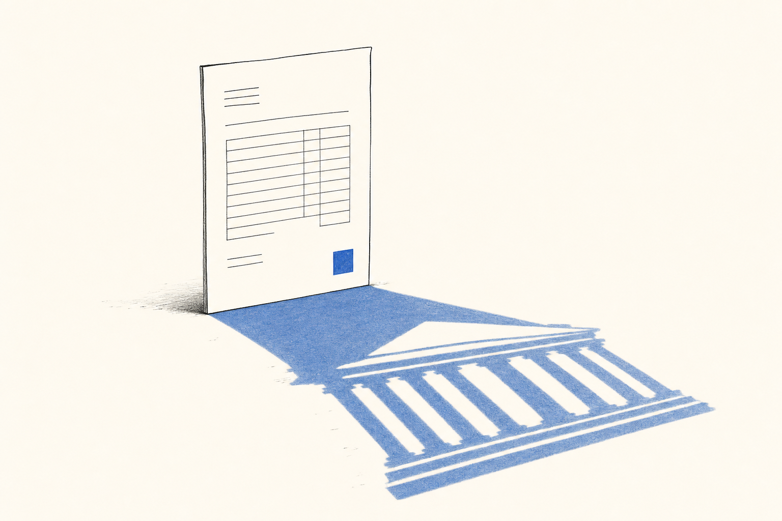 An invoice standing upright, casting a shadow shaped like a courthouse