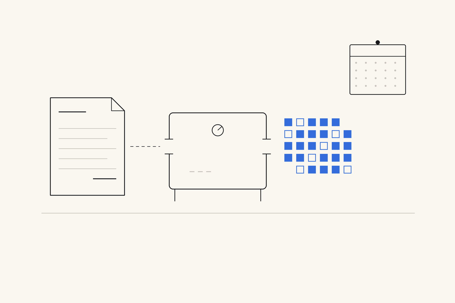A plain sheet of paper sliding into a slot in a simple box and coming out the other side as a neat grid of small blue squares, with a blank calendar page pinned on the wall beside it