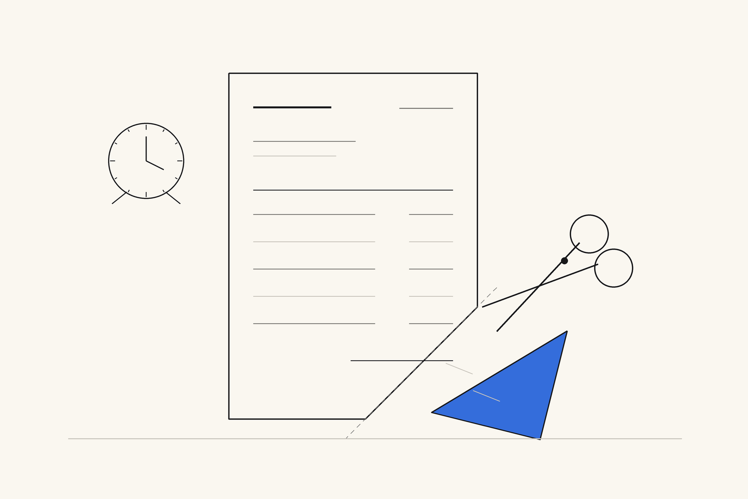 A paper invoice with a dashed cut line across one corner and a pair of scissors beside it, the snipped-off corner in blue drifting away