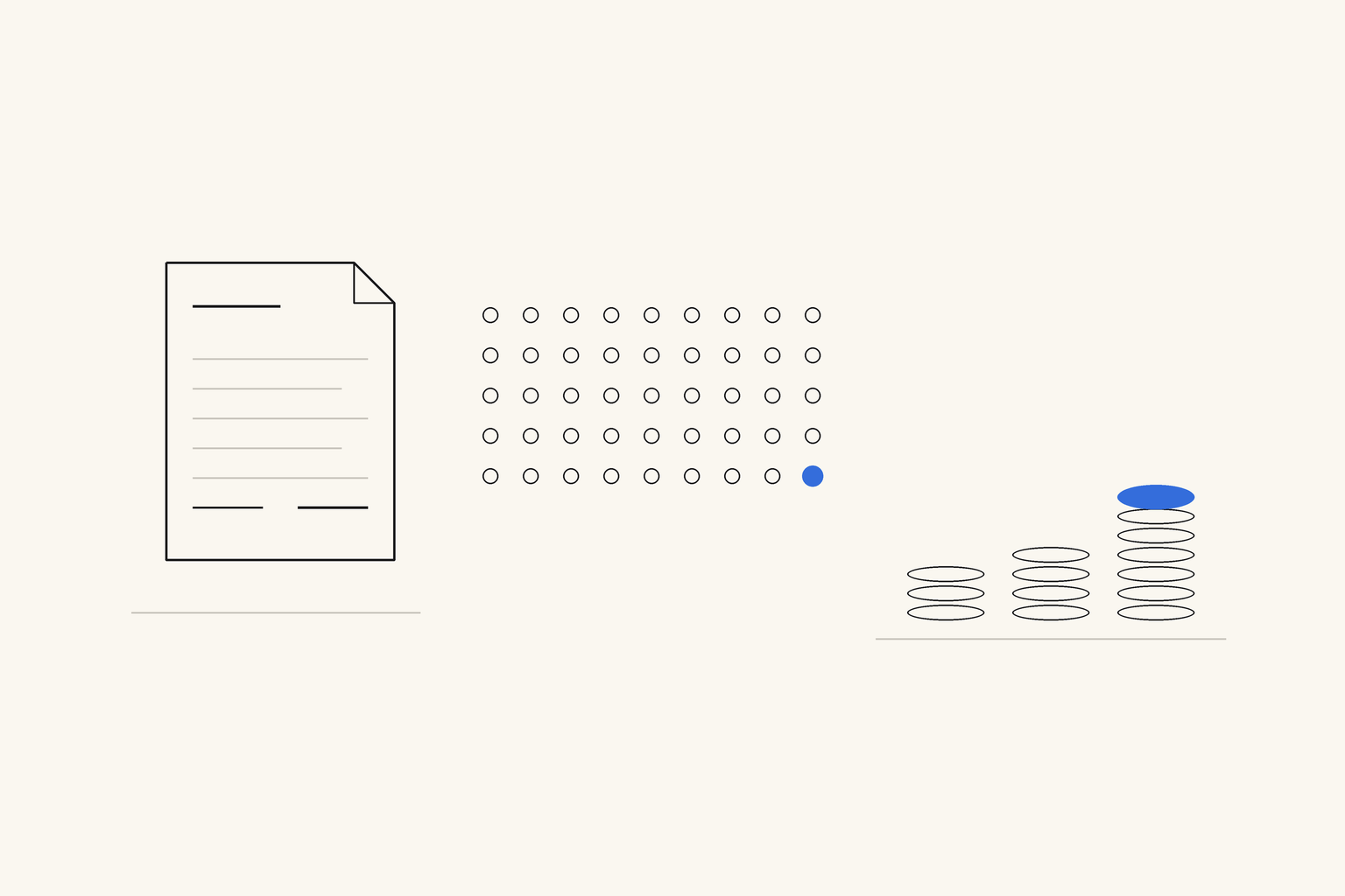 An invoice sheet on the left, a grid of forty-five small rings in the middle with the last one filled blue, and three stacks of coins on the right, each taller than the last, the top coin blue