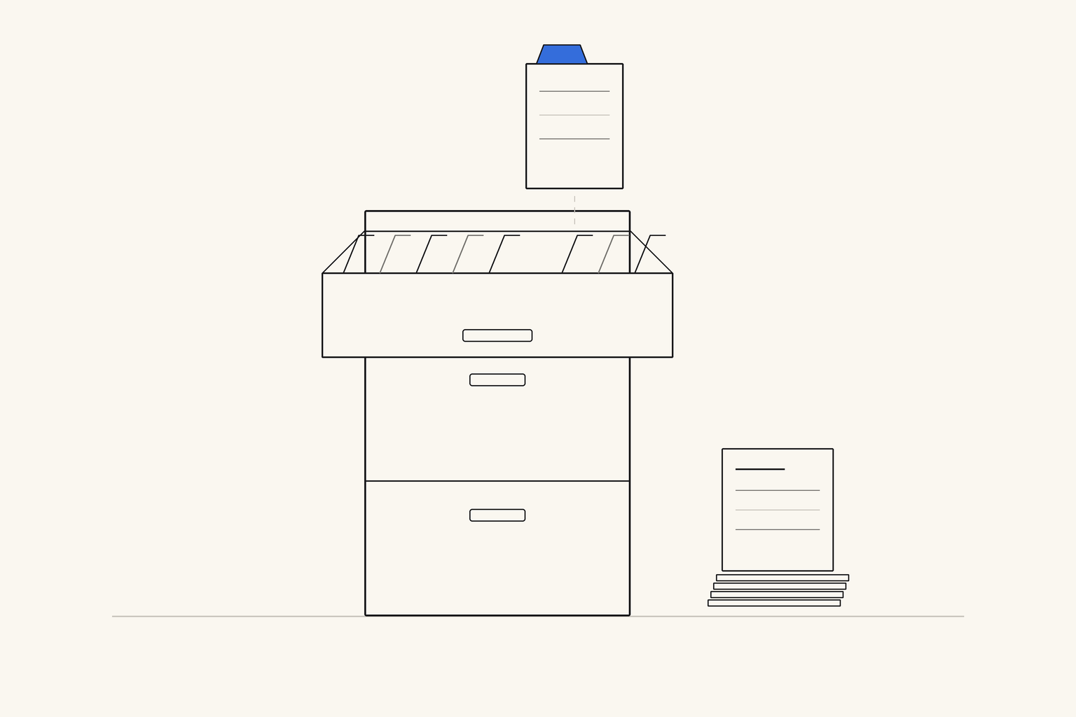 An open filing drawer with rows of folders, one folder lifted out with a blue tab, and a small stack of invoices beside it