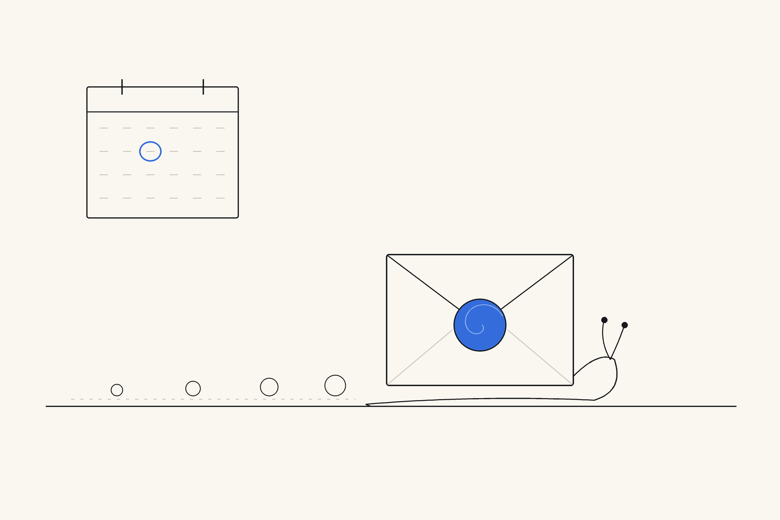 A snail crawling along a line, carrying a sealed envelope with a blue spiral seal as its shell, leaving a trail of small coins behind it, beneath a wall calendar with one day circled in blue