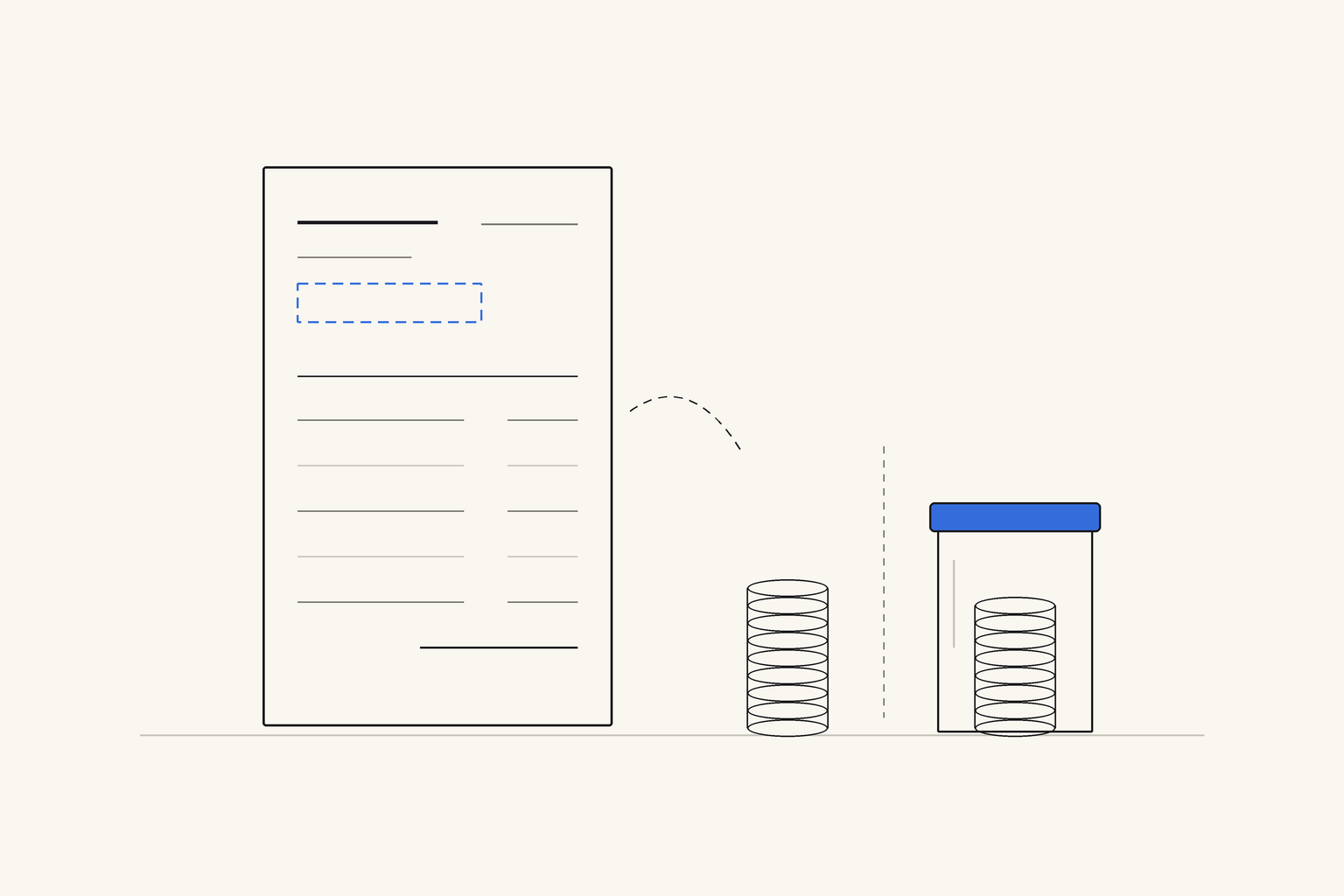 An invoice with an empty dashed blue box where a business number should be, beside two stacks of coins split by a dotted line, the second stack sealed inside a jar with a blue lid