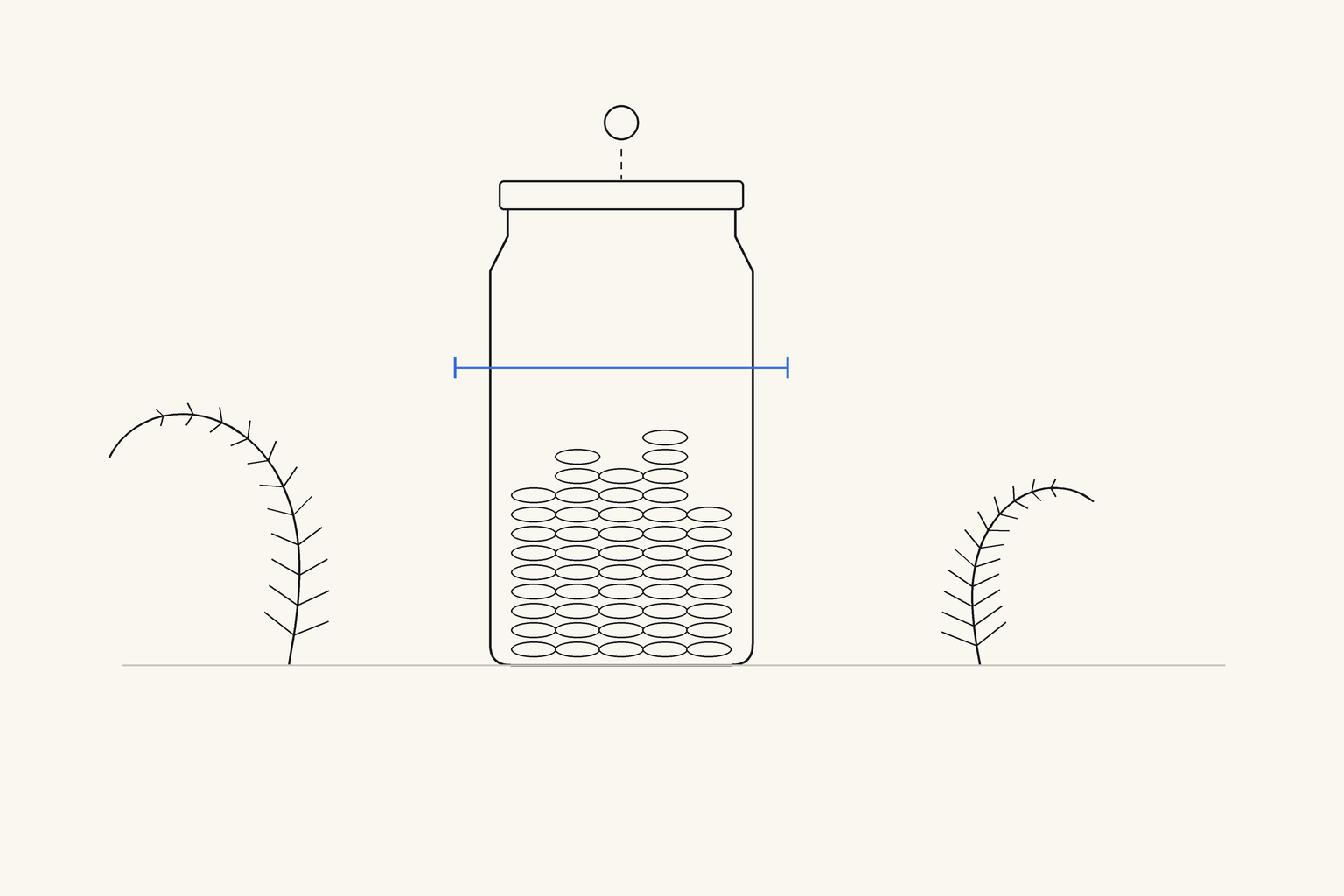 A tall glass jar slowly filling with coins toward a thin blue line marked on its side, with a fern frond curling up on either side