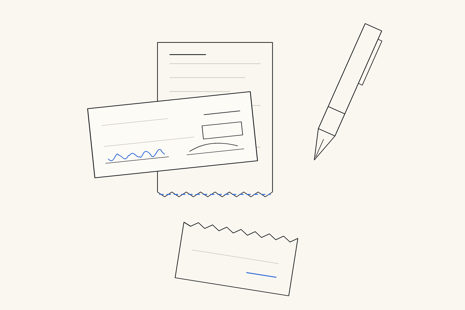 A tall invoice sheet with its bottom third torn away along a blue dashed line and drifting off, a smaller paper check resting across the top of it, and a fountain pen lying beside them