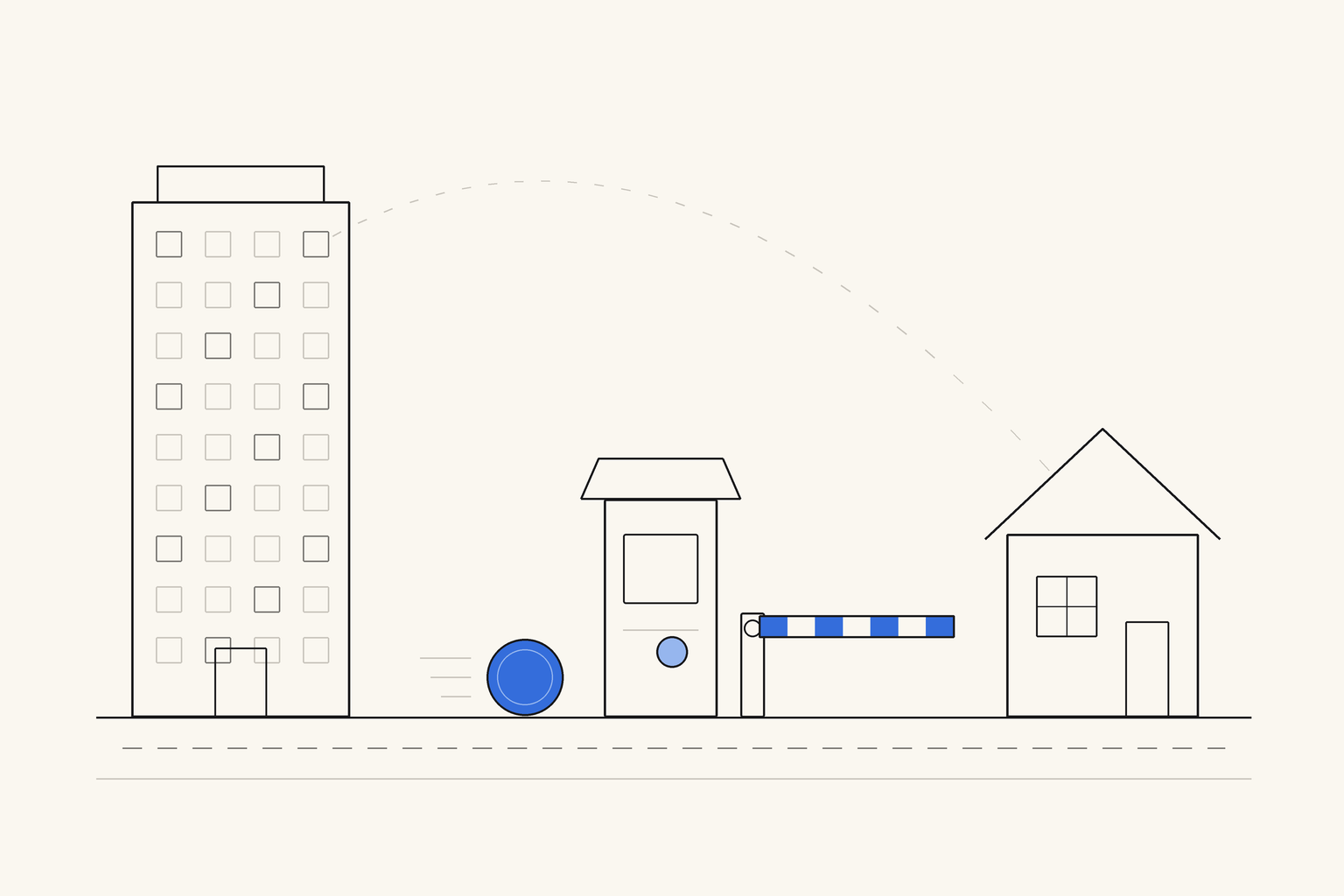A road running from a tall office building to a small house, interrupted by a little toll booth with a striped blue barrier arm lowered across it and a coin rolling toward it