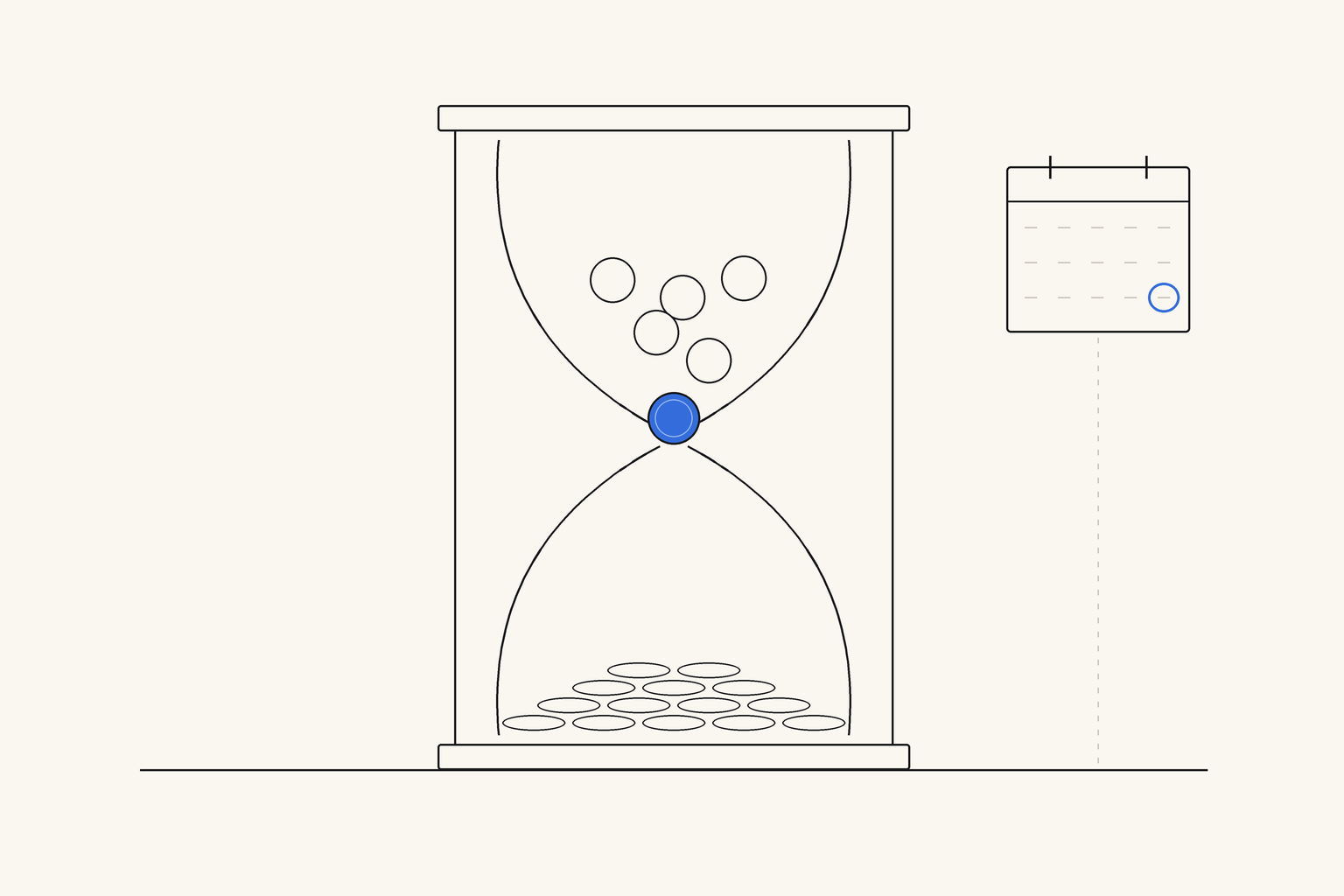A large hourglass on a plain line, coins collected in its lower bulb and one blue coin caught in the narrow neck, with a small wall calendar hanging to one side
