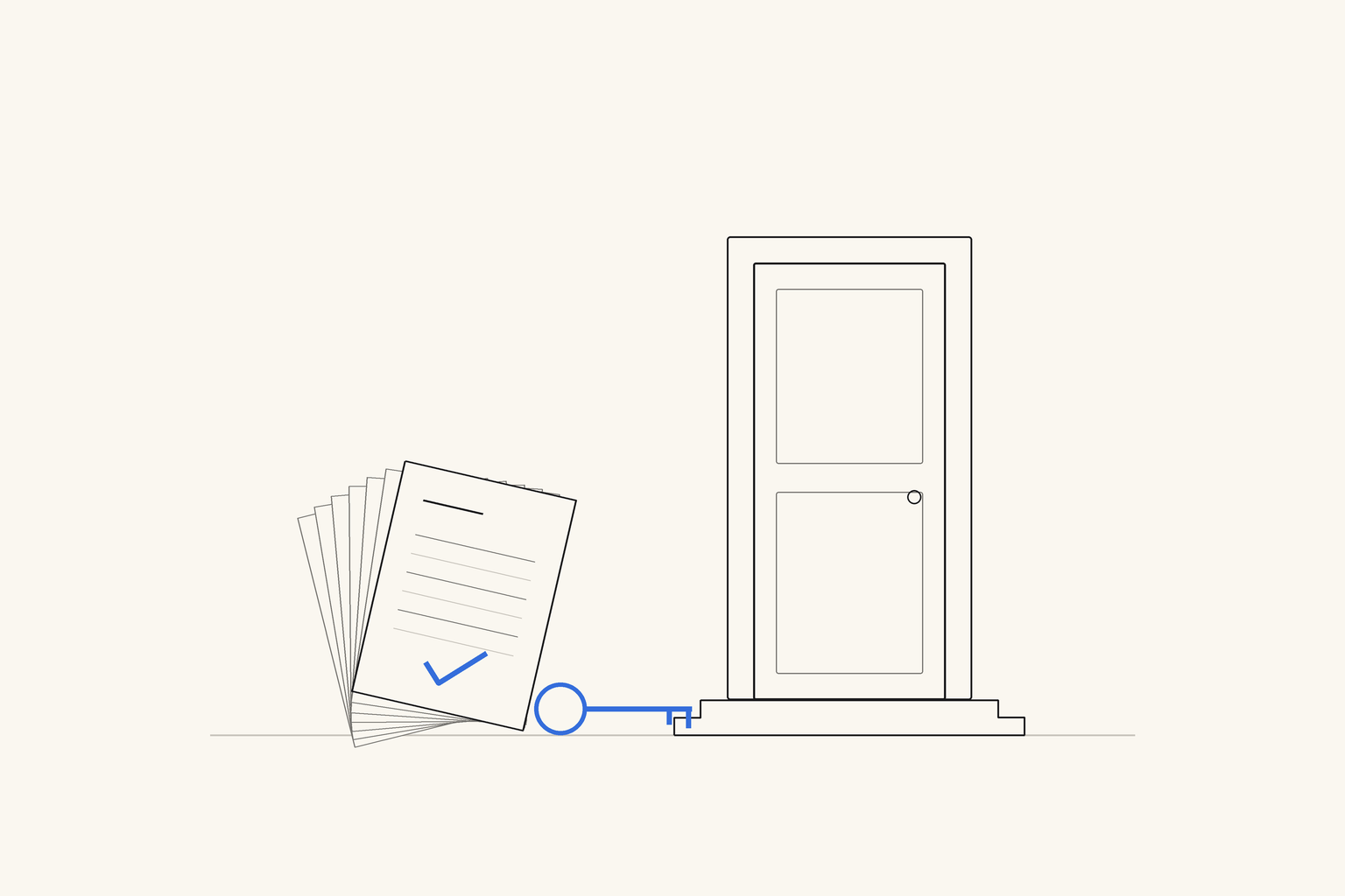 A fanned stack of papers with a blue tick on the top sheet, a blue key on the ground, and a closed front door at the top of two steps