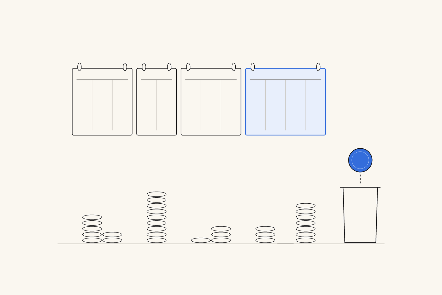 Four calendar pages of unequal widths, the last and widest in blue, above uneven stacks of coins and a single blue coin dropping into a jar