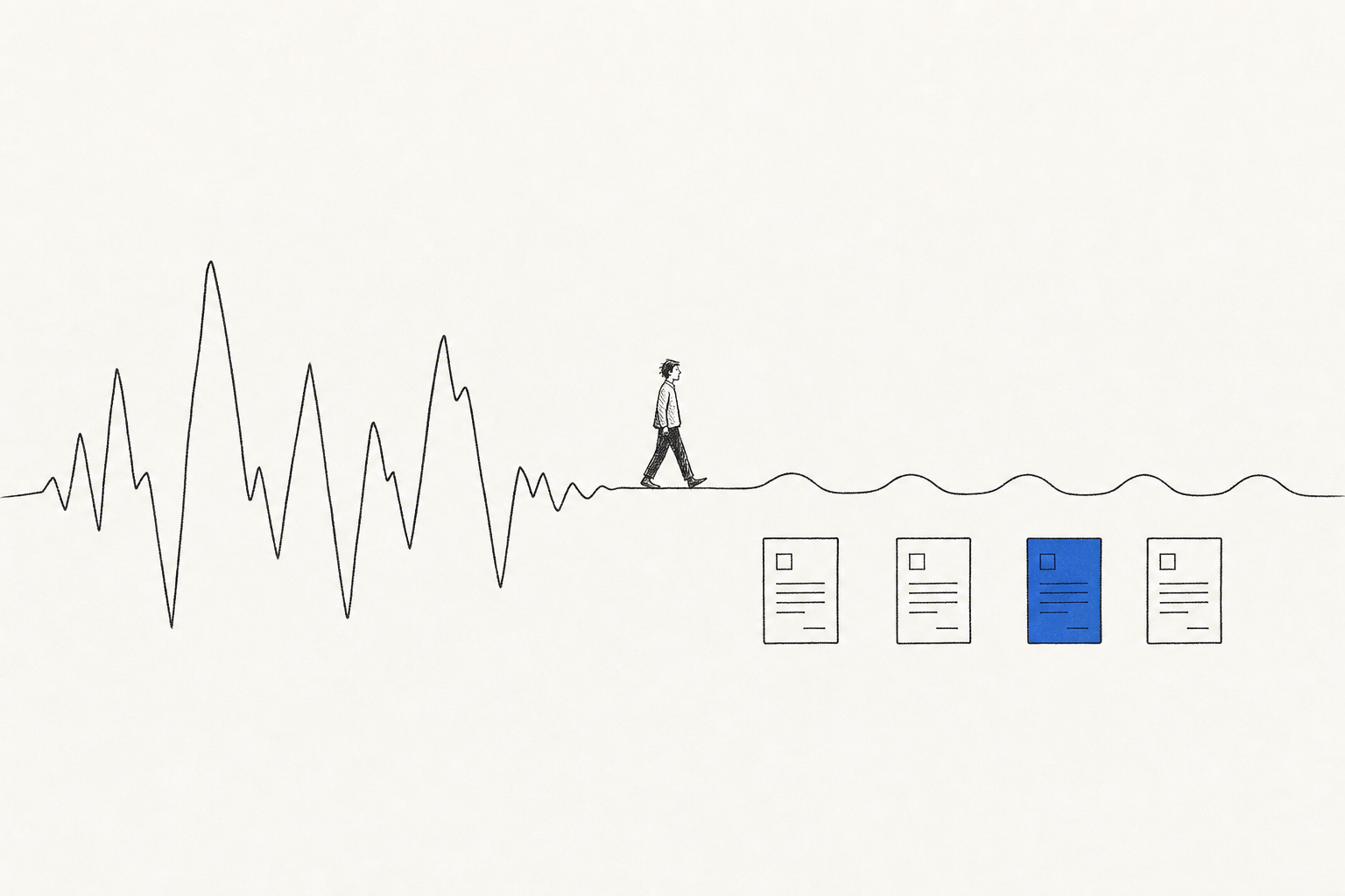 A jagged feast-and-famine income line smoothing into calm, evenly spaced monthly invoices