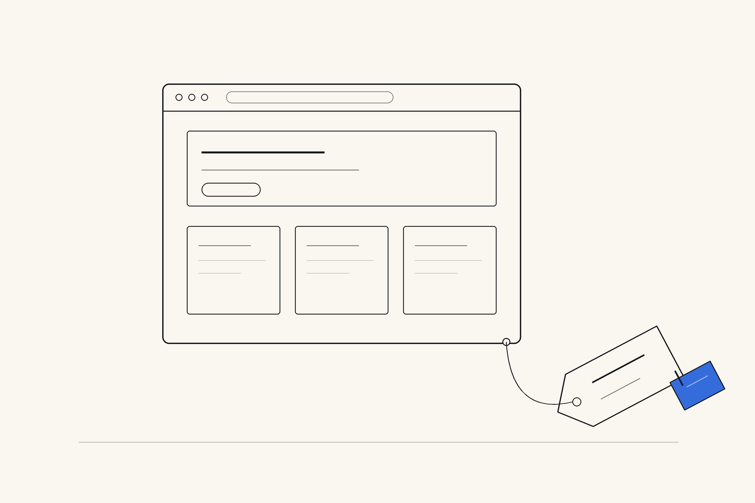 A browser window sketched in ink, with a paper price tag hanging from its corner on a string and a small blue tag clipped to the price tag