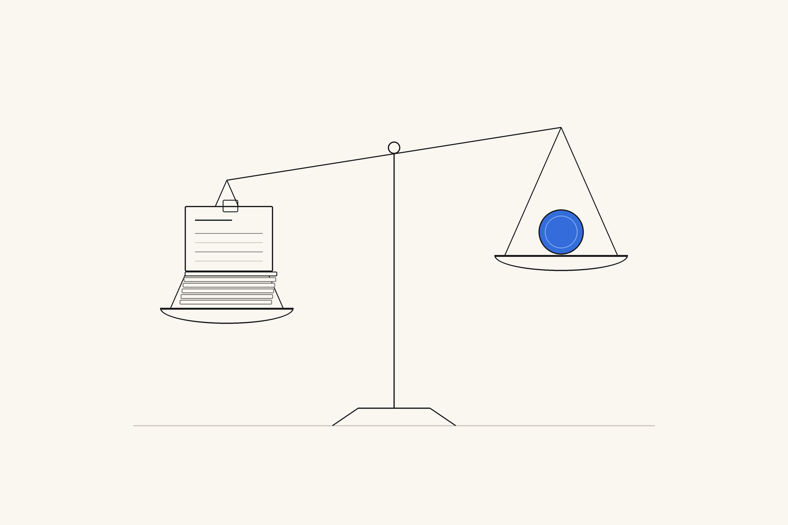 A set of balance scales tipped toward a clipped stack of papers on one pan, with a single blue coin on the higher pan