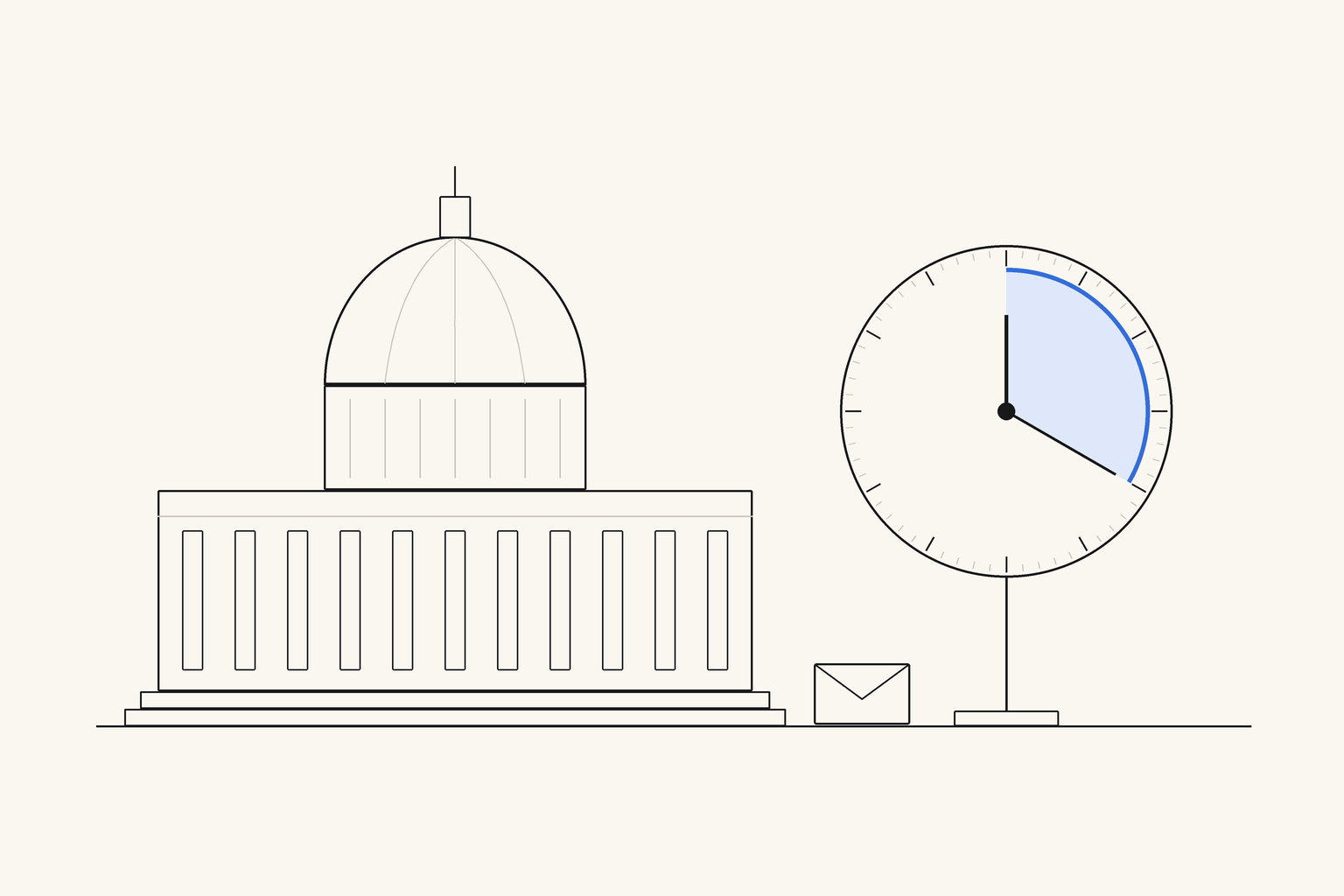 A domed state capitol drawn in fine ink beside a tall clock on a post, one month of its dial shaded in blue, with an envelope resting on the ground between them