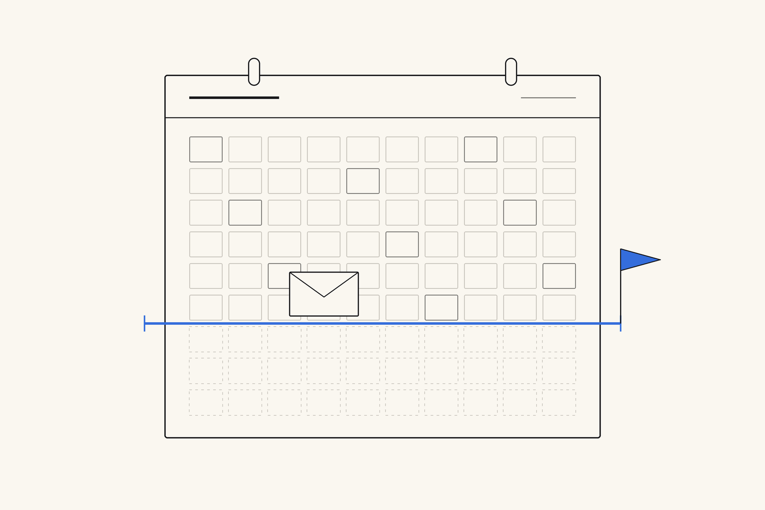A wall calendar with a firm blue line drawn across it two-thirds of the way down, the days below the line reduced to dashed outlines, a blue pennant at the end of the line, and an envelope resting just above it