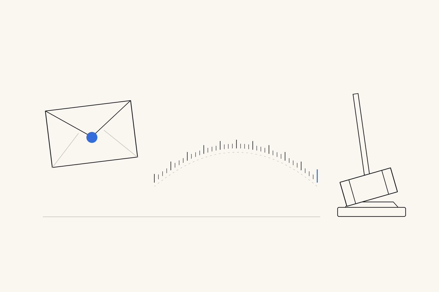 A sealed envelope with a blue seal on the left, a long arc of forty-one small tick marks, the last one blue, and a gavel resting on its block on the right