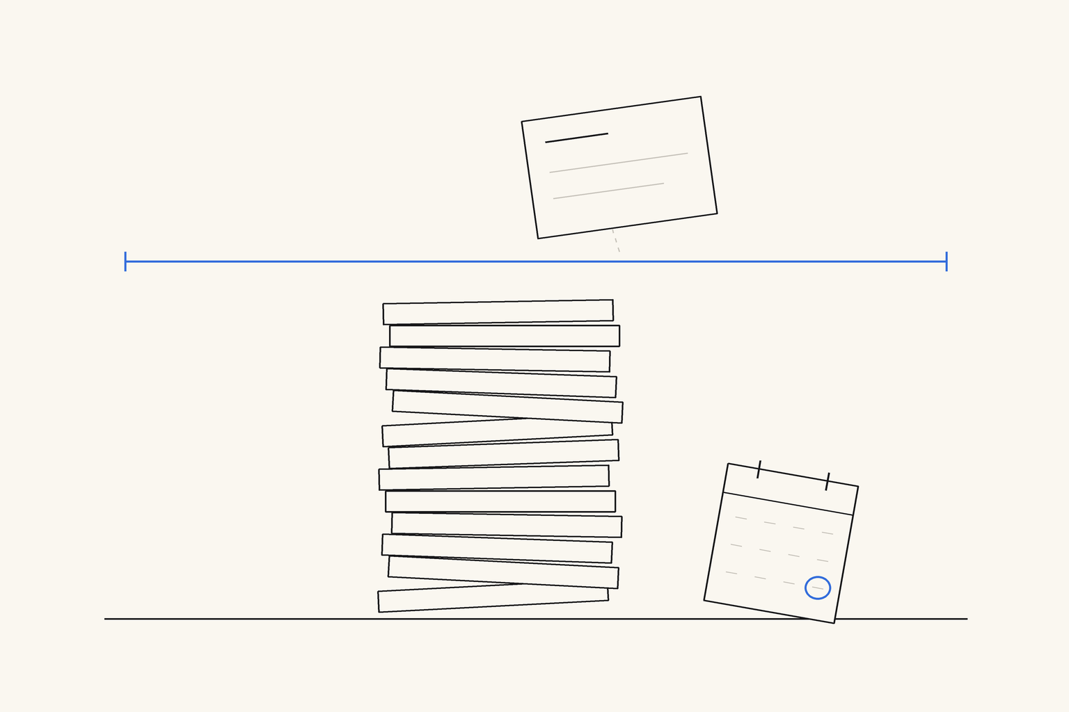 A tall stack of invoices rising toward a thin blue horizontal line drawn across the page, with a small calendar page leaning against the base of the stack