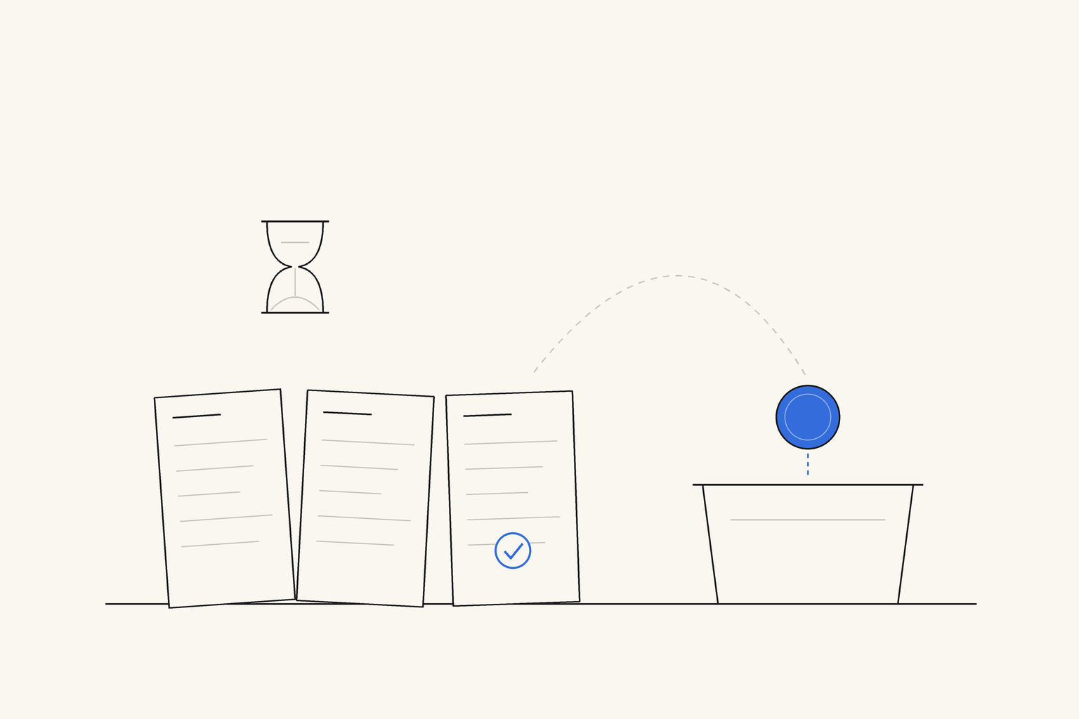 Three invoices standing in a row with an hourglass above the first two, while a blue coin arcs from the third, which carries a blue tick, into an open box