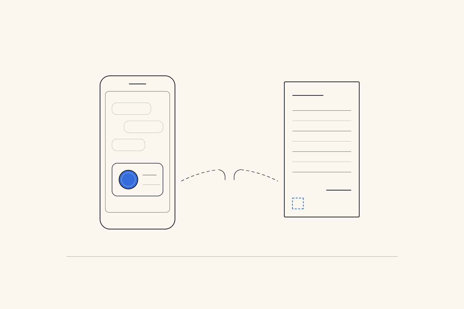 A phone showing a chat with a blue coin in a payment bubble, and an invoice beside it with an empty dashed checkbox, joined by a dashed line that breaks off in the middle
