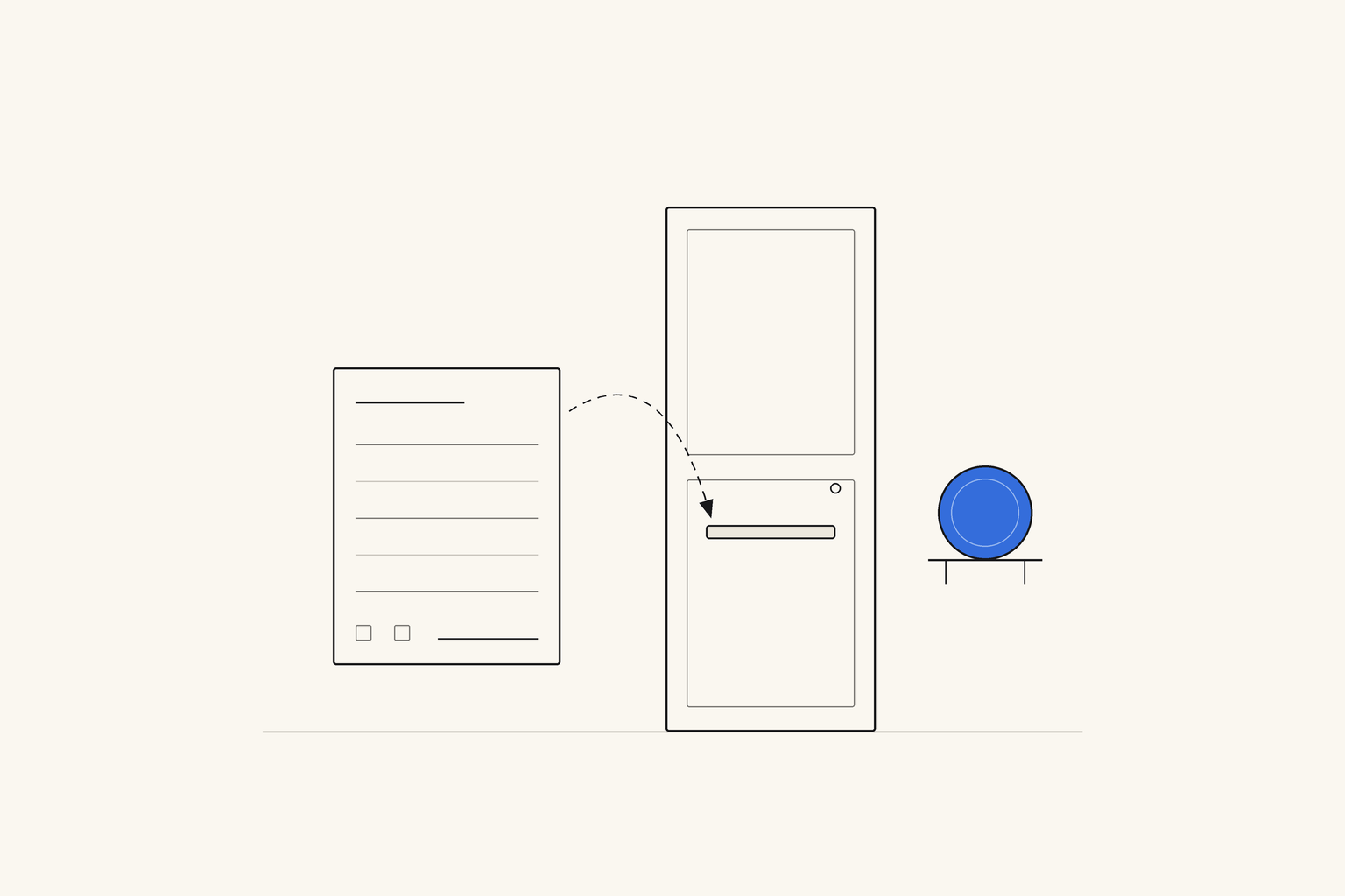 A blank form waiting outside a closed door with a mail slot, and a single blue coin on a shelf on the other side