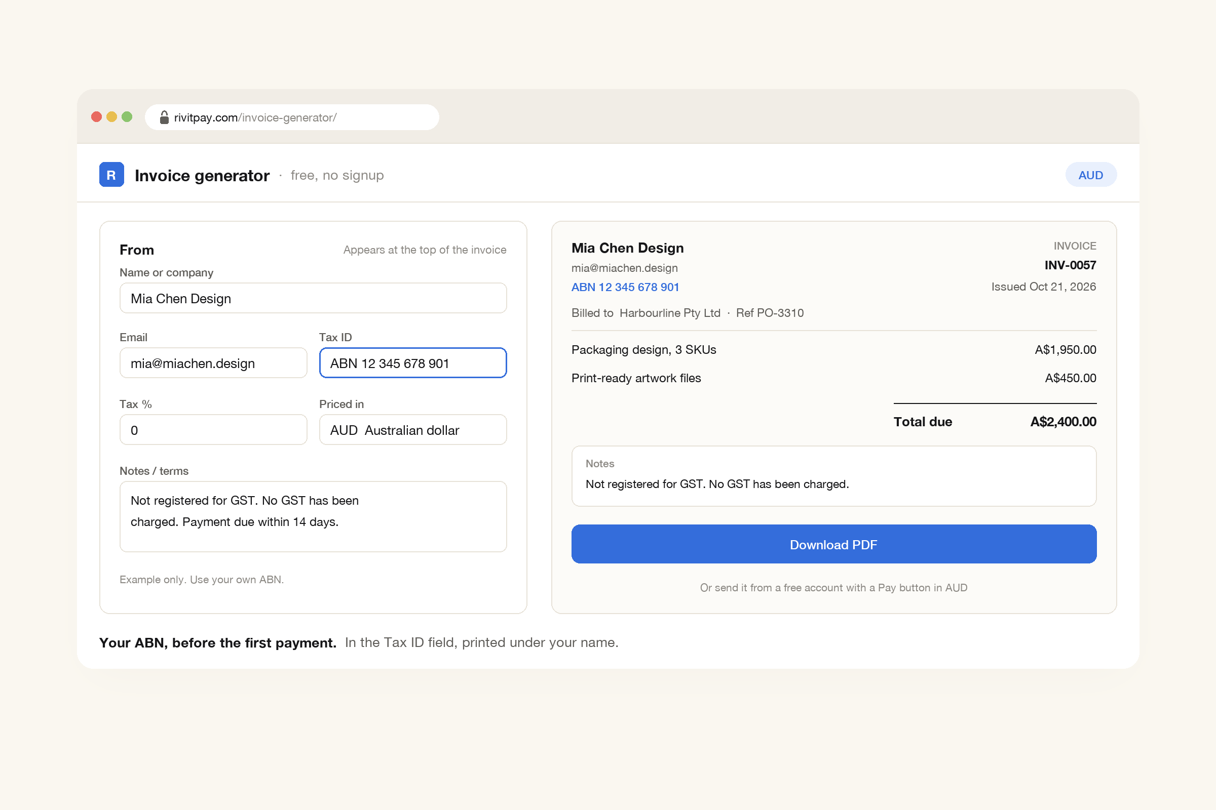 The RivitPay invoice generator with an ABN typed into the Tax ID field, tax set to 0%, Australian dollars selected and a note saying the business is not registered for GST, next to the invoice preview with the ABN printed under the business name