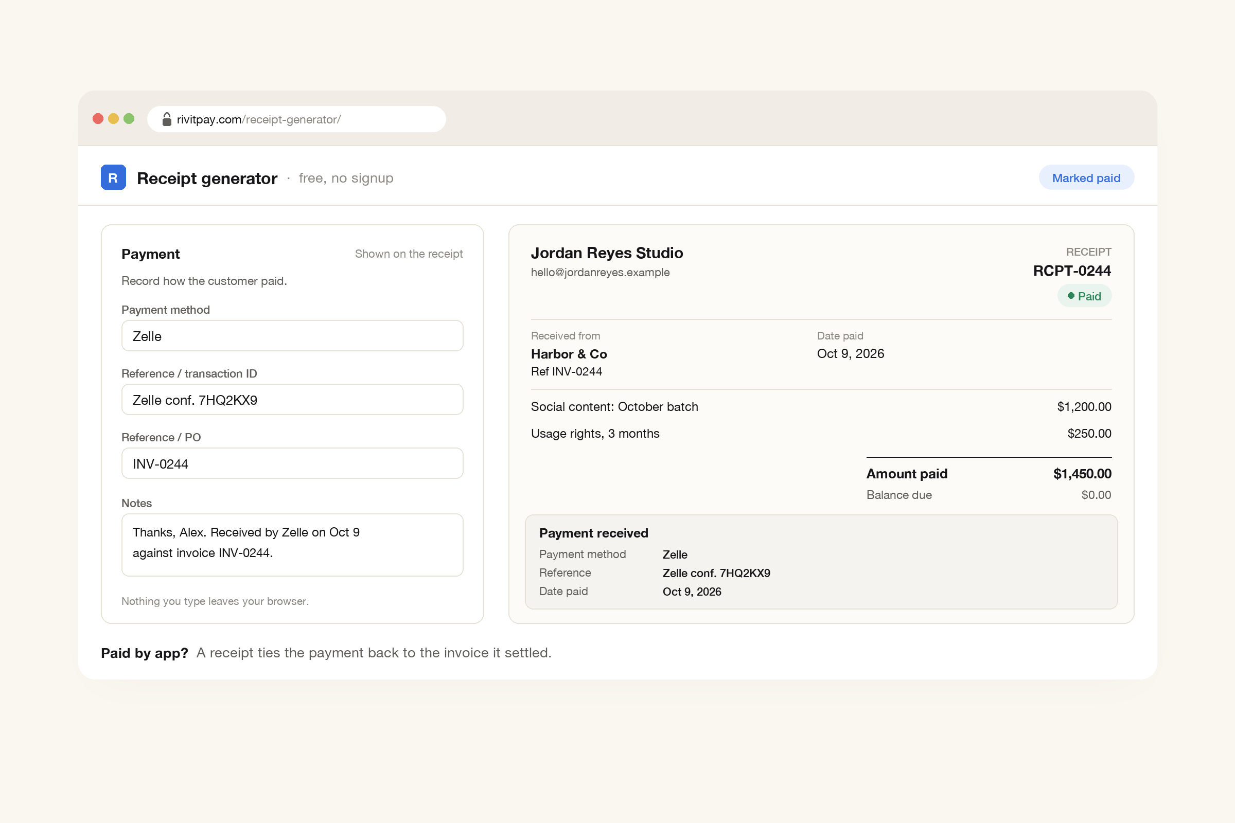 The RivitPay receipt generator with Zelle as the payment method, a Zelle confirmation number as the transaction reference and INV-0244 as the reference, next to a receipt preview for $1,450 marked paid, showing payment received by Zelle on October 9, 2026