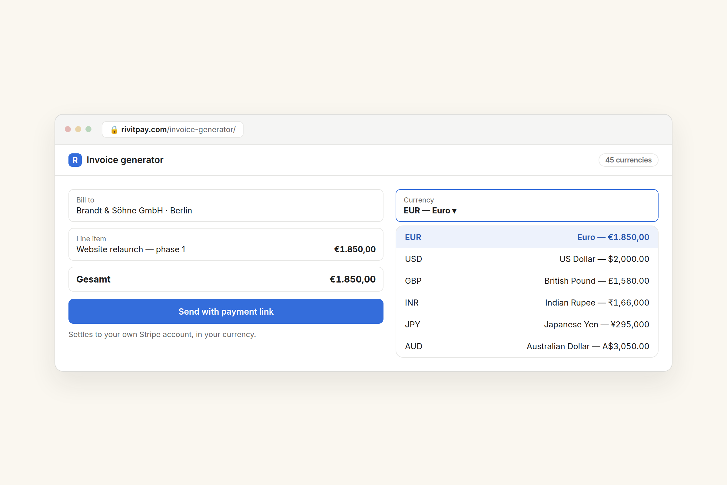 RivitPay invoice generator with the currency picker open on 45 currencies