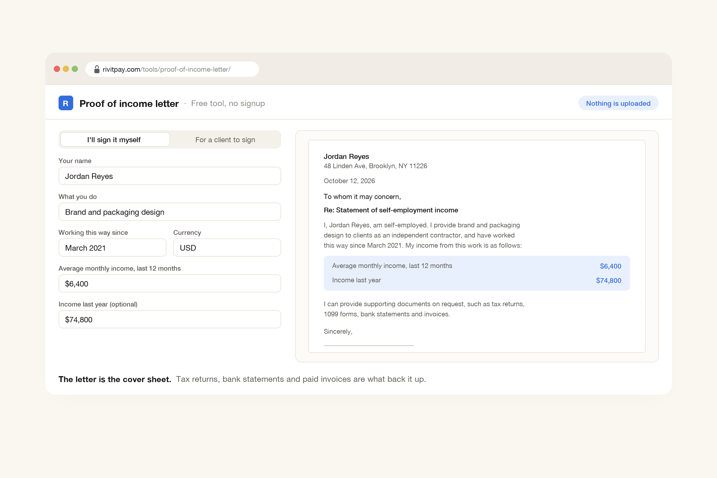 RivitPay's free proof of income letter tool with a self-employed designer's details on the left and a signed statement of self-employment income on the right, showing average monthly income over the last 12 months and last year's income