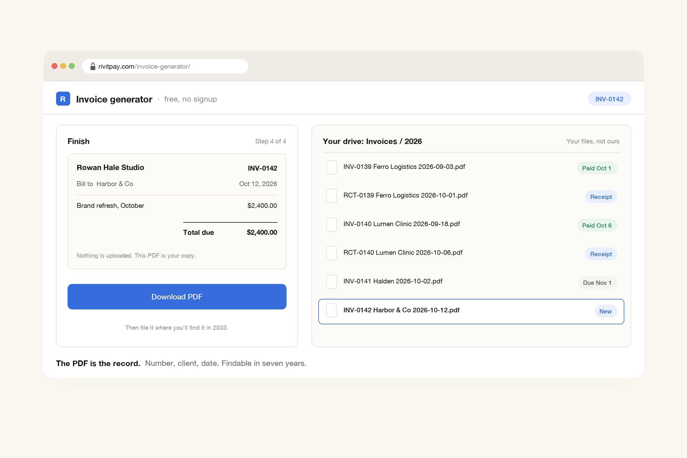 The RivitPay invoice generator's last step with a Download PDF button, next to a folder on your own drive of saved invoice PDFs named by invoice number, client and date, with matching receipt PDFs for the paid ones