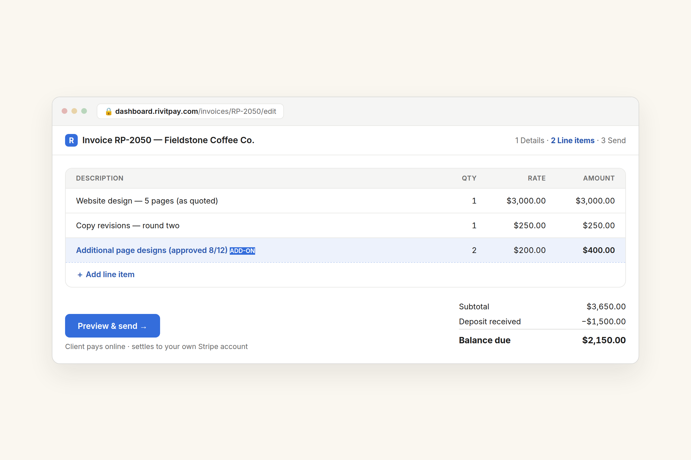 Adding an approved add-on as its own highlighted line item in the RivitPay invoice editor