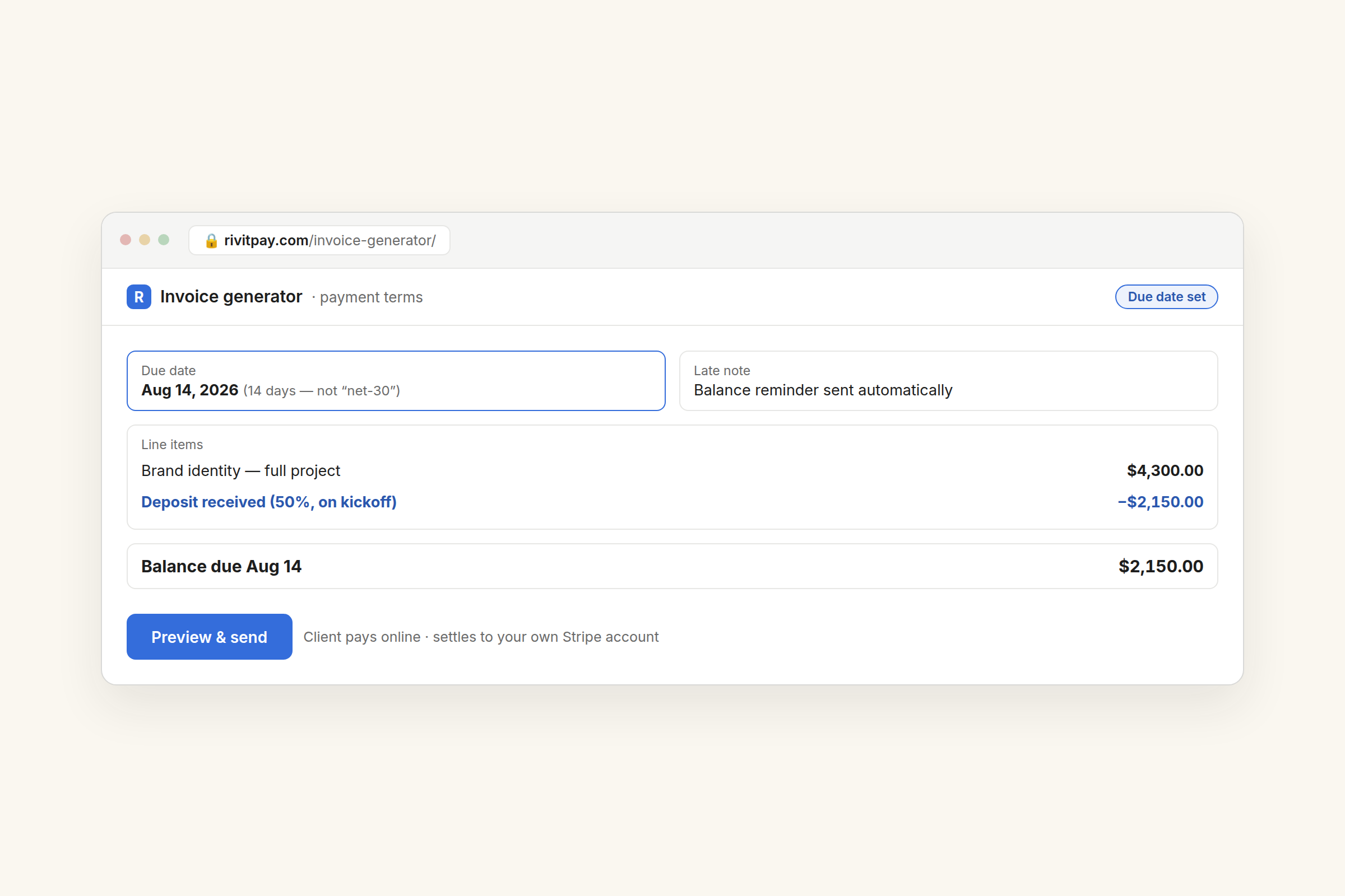 Setting a due date and a 50% deposit in the RivitPay invoice generator