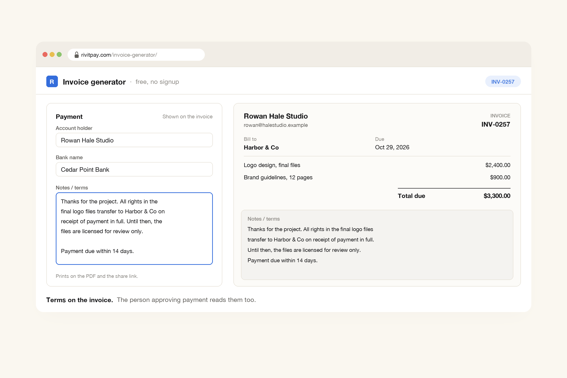 The RivitPay invoice generator with a Notes / terms field reading that rights in the final logo files transfer to Harbor & Co on payment in full and are licensed for review only until then, next to the invoice preview showing the same terms printed under the total